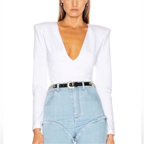 Grlfrnd Eryka Long Sleeve Jersey Knit Paddle Thong Bodysuit in White - Picture 2 of 13